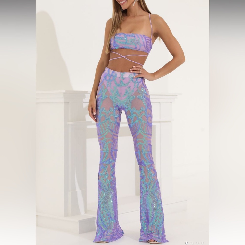 New Lucy in the Sky Sequin Two Piece Set in Purple Iridescent Size XXS